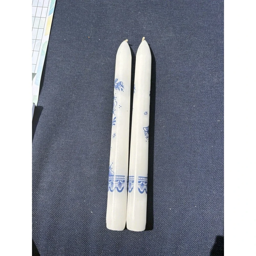 Delft Blue & White Floral Taper Candles Flowers Peacock Holland Set Of 2
